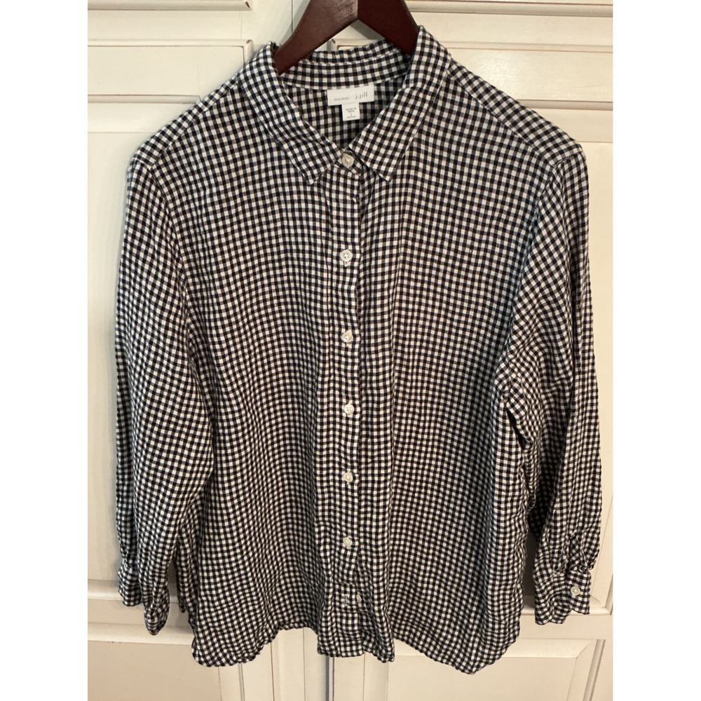 J. Jill Love Linen Gingham Button Down Shirt Black White Petite Large 100% Linen